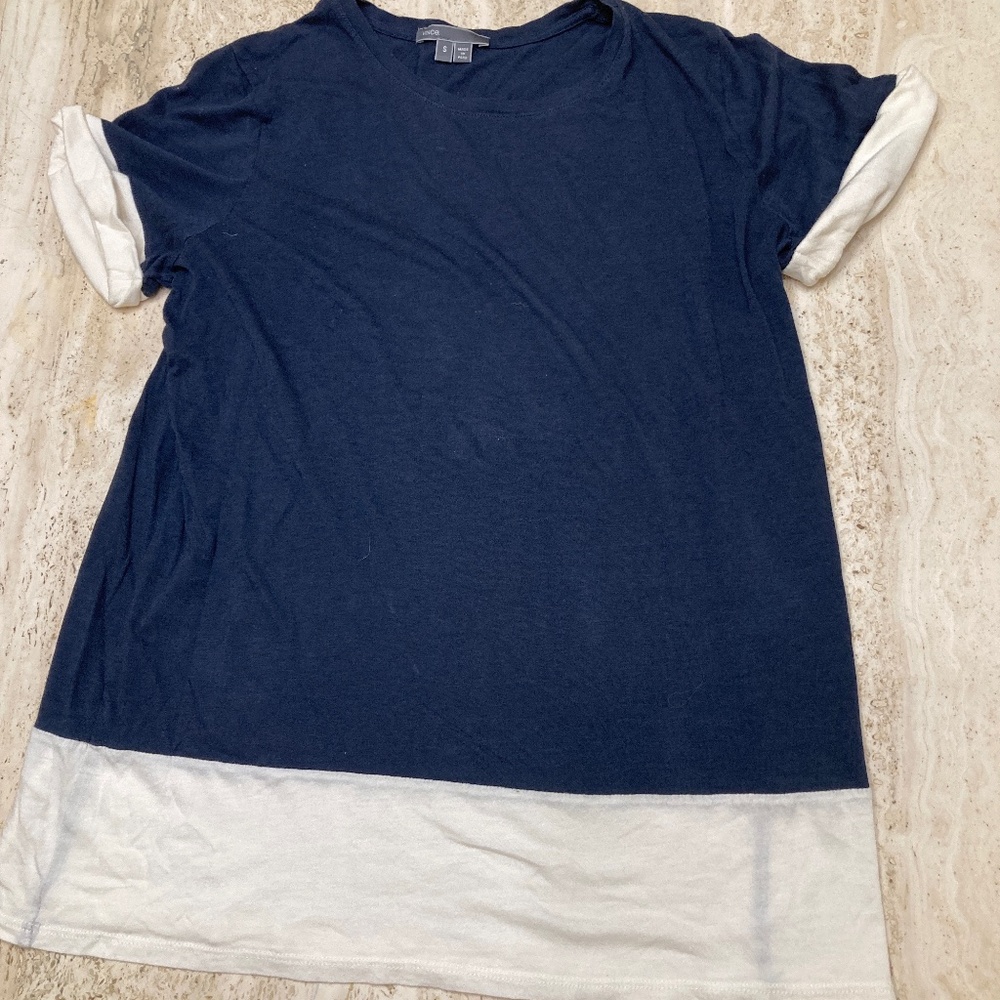 Vince Blue and Off White Cuffed Short Sleeve T Shirt Tee Top